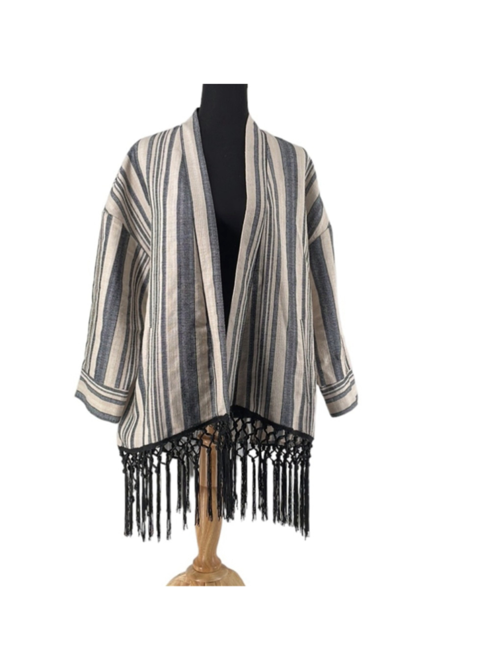 Zara Ecru Neutral Striped Boho 3/4 Sleeves Fringe Kimono festival Jacket sz sm